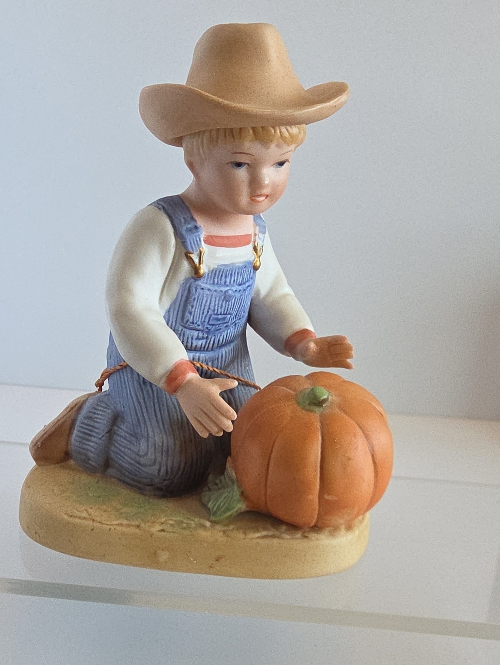 Vintage 1985 Homco "Denim Days" Porcelain Figurine -  Boy with Pumpkin